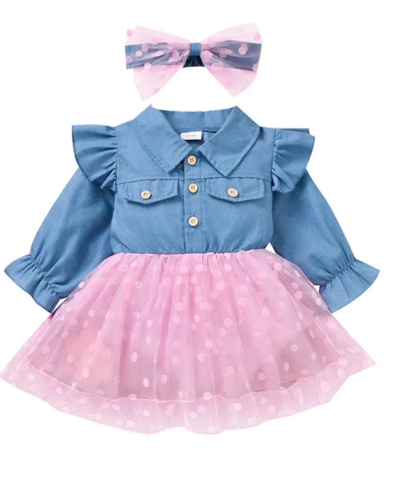 Abito da bambina in denim con cuciture a stella Abito patchwork a maniche lunghe Colletto rovesciato Abito in tulle di jeans Fas