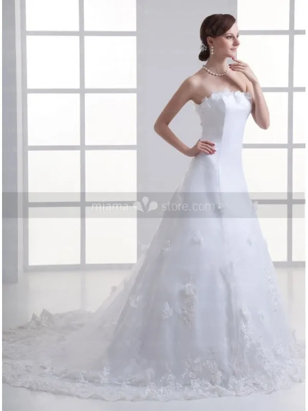 MICHELLE - A-line Strapless Chapel train Satin Wedding dress