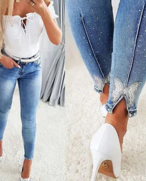 New Slimming High-waisted Rhinestone Jeans For Women, Elastic Washed Tight-fitting Pants In Stock