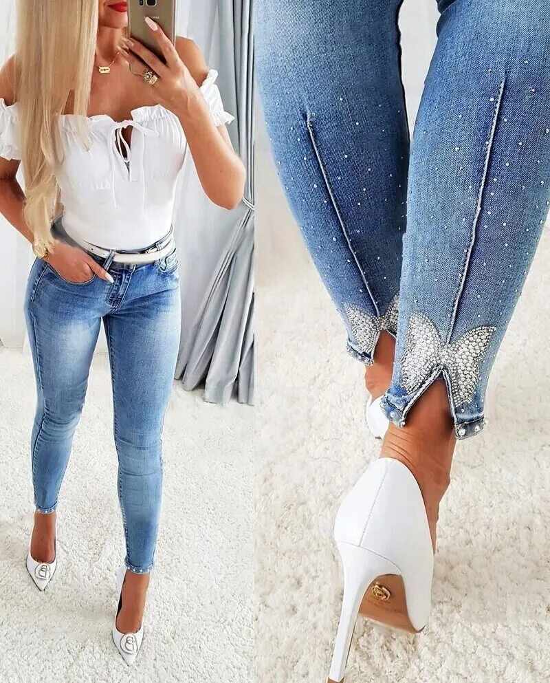 New Slimming High-waisted Rhinestone Jeans For Women, Elastic Washed Tight-fitting Pants In Stock