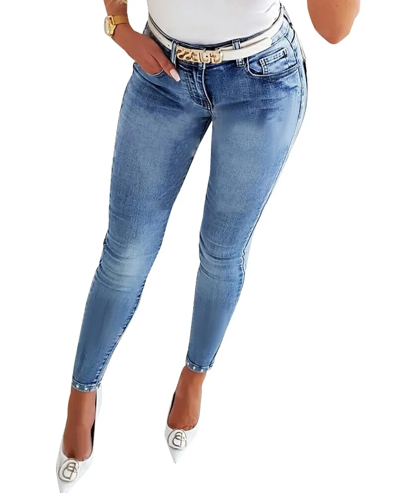 New Slimming High-waisted Rhinestone Jeans For Women, Elastic Washed Tight-fitting Pants In Stock