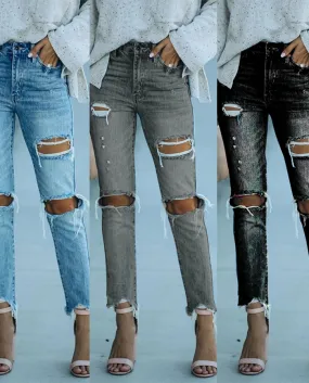 Spot  And  Women's Jeans Straight Pants Washed Ripped Raw Edge Casual Trousers Jeans For Women