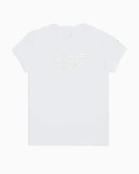 T-shirt bianca mezza manica in cotone stretch con stampa logo oro 10-16 anni