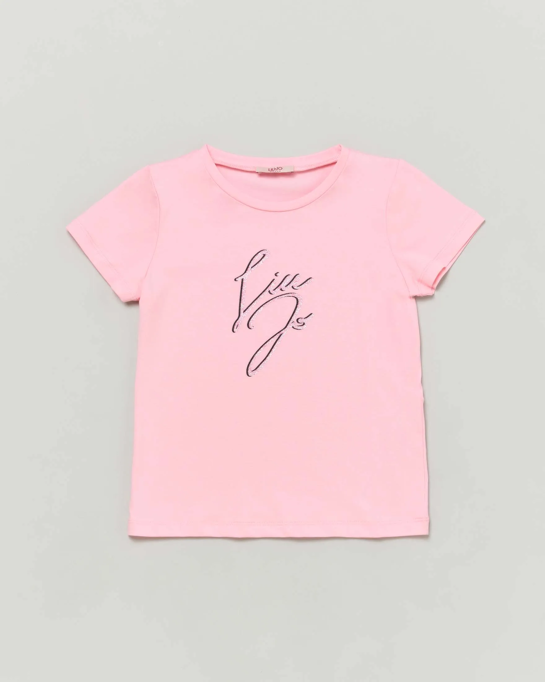 T-shirt rosa mezza manica in cotone stretch con logo glitterato 8-16 anni