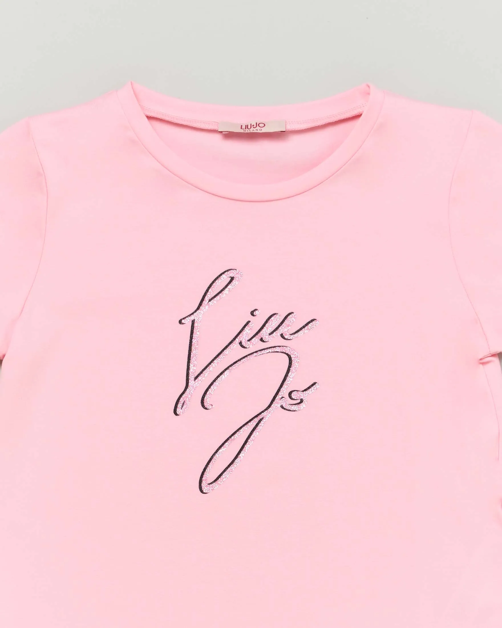 T-shirt rosa mezza manica in cotone stretch con logo glitterato 8-16 anni