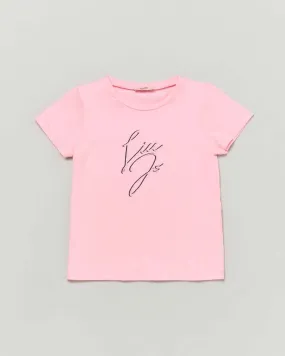 T-shirt rosa mezza manica in cotone stretch con logo glitterato 8-16 anni