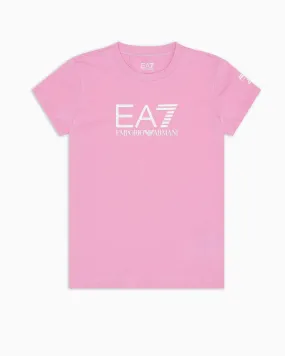 T-shirt rosa mezza manica in cotone stretch con stampa logo bianca 10-14 anni